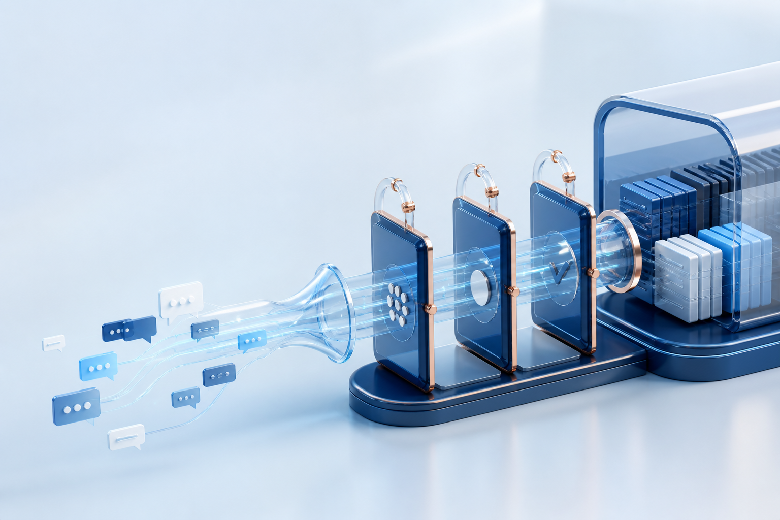 Abstract illustration of messages moving through a controlled automation workflow